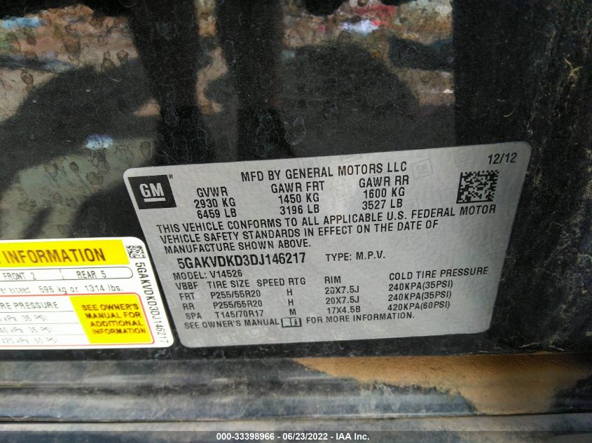 2013 BUICK ENCLAVE PREMIUM 5GAKVDKD3DJ146217