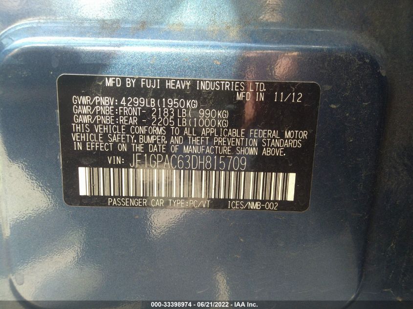 2013 SUBARU IMPREZA WAGON 2.0I PREMIUM JF1GPAC63DH815709
