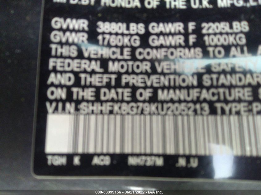 2019 HONDA CIVIC TYPE R TOURING SHHFK8G79KU205213