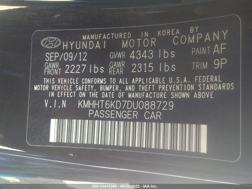 2013 HYUNDAI GENESIS COUPE 2.0T PREMIUM KMHHT6KD7DU088729
