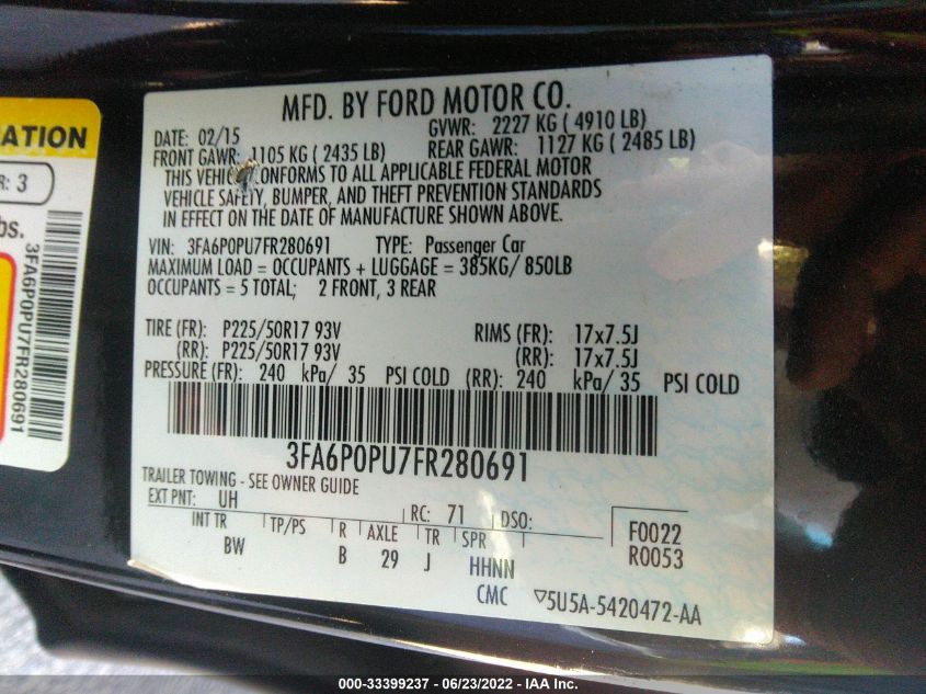 2015 FORD FUSION ENERGI SE LUXURY 3FA6P0PU7FR280691