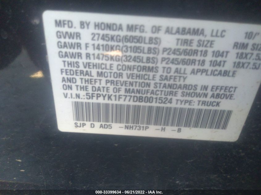 2013 HONDA RIDGELINE SPORT 5FPYK1F77DB001524