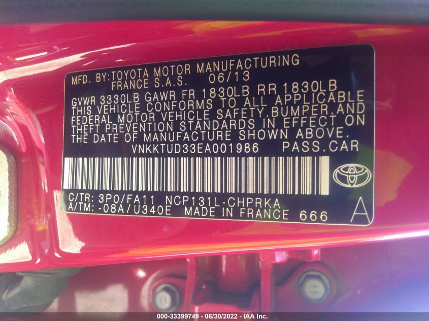 2014 TOYOTA YARIS L/LE VNKKTUD33EA001986