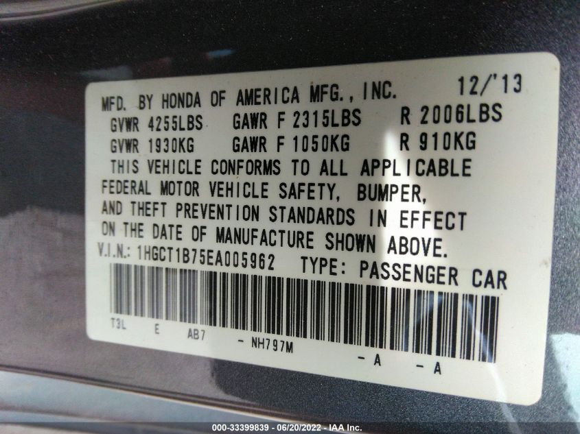 2014 HONDA ACCORD COUPE EX 1HGCT1B75EA005962