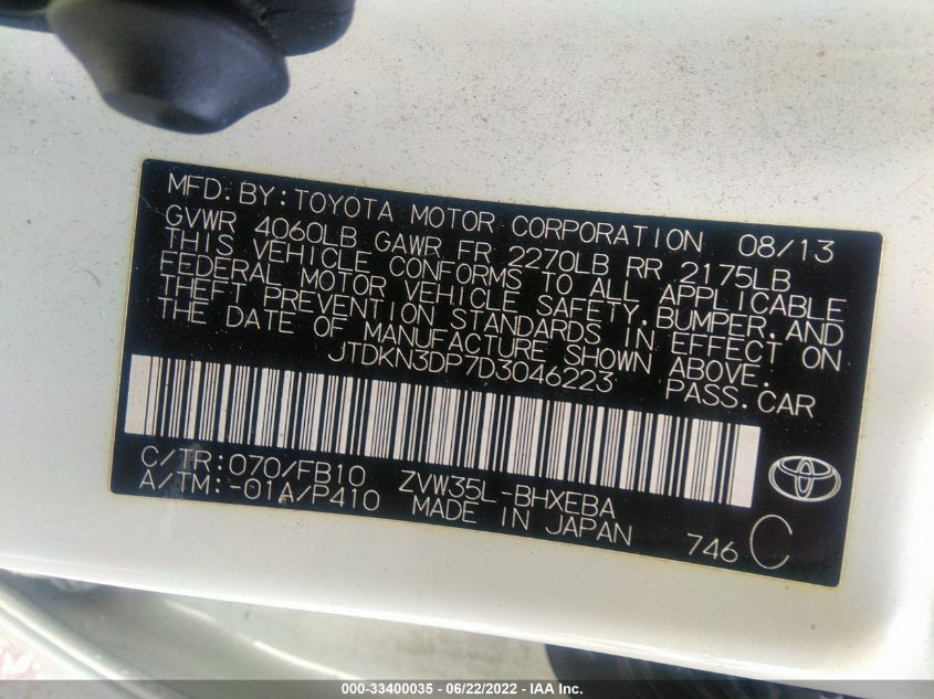 2013 TOYOTA PRIUS PLUG-IN JTDKN3DP7D3046223