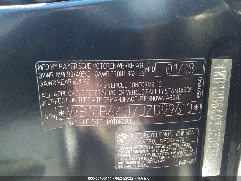 2018 BMW F800 R WB10B6407JZD99610