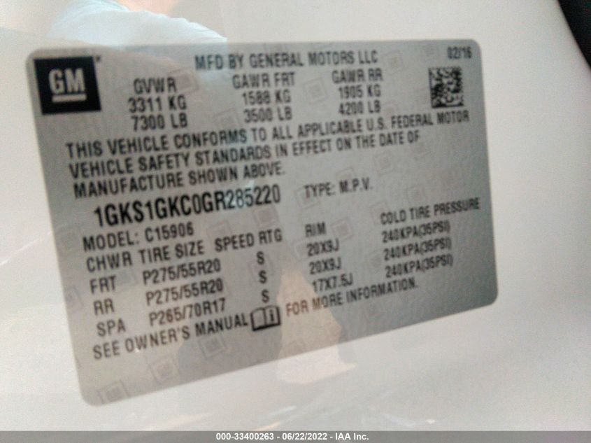 2016 GMC YUKON XL SLT 1GKS1GKC0GR285220