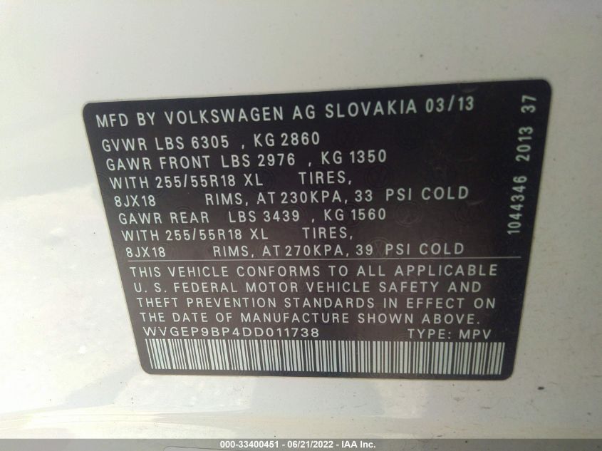 2013 VOLKSWAGEN TOUAREG SPORT W/NAV WVGEP9BP4DD011738