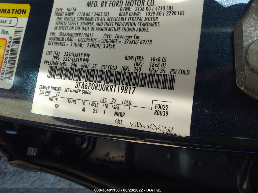 2019 FORD FUSION HYBRID TITANIUM 3FA6P0RU0KR119817