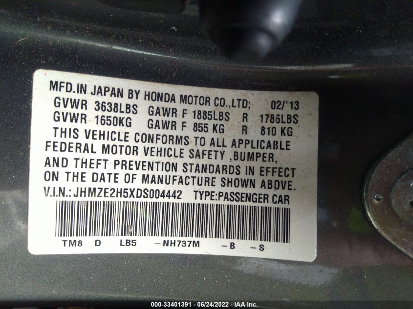 2013 HONDA INSIGHT LX JHMZE2H5XDS004442