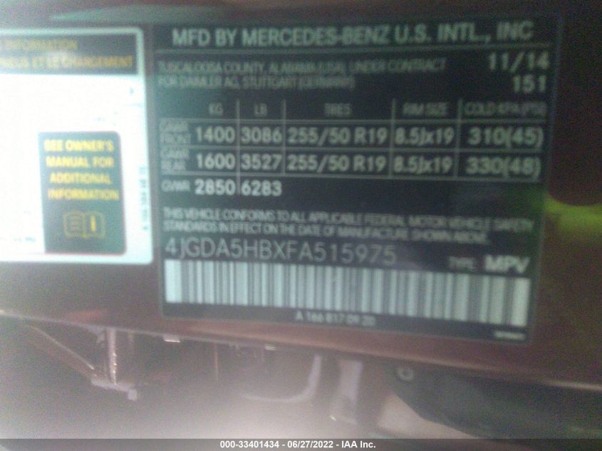 2015 MERCEDES-BENZ M-CLASS ML 350 4JGDA5HBXFA515975