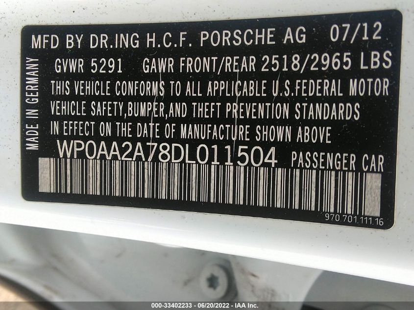 2013 PORSCHE PANAMERA WP0AA2A78DL011504