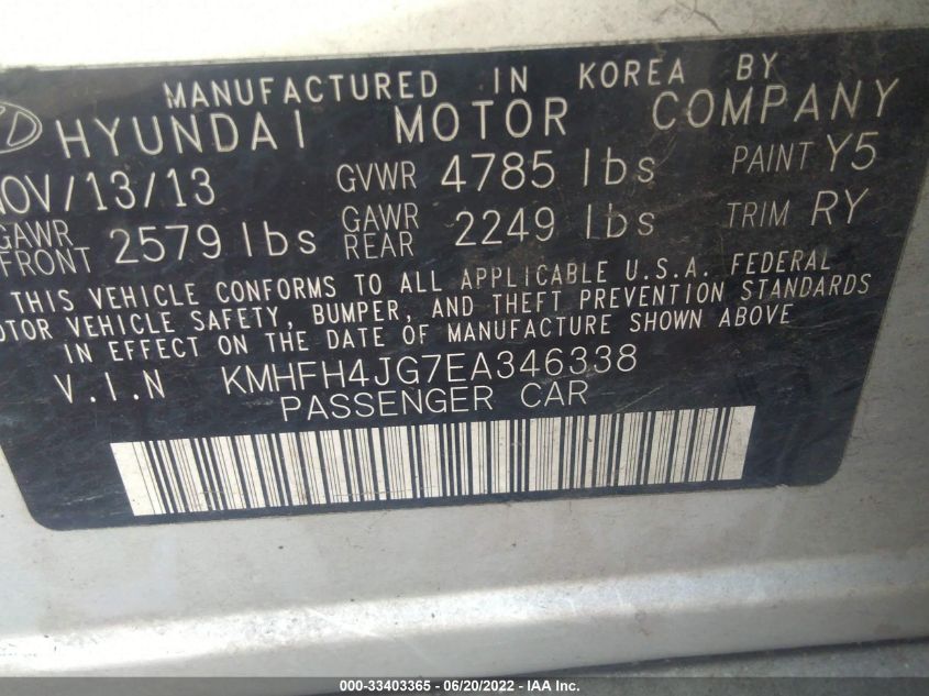 2014 HYUNDAI AZERA LIMITED KMHFH4JG7EA346338