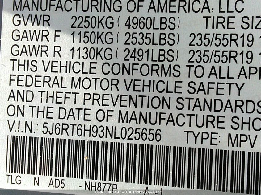 2022 HONDA CR-V HYBRID TOURING 5J6RT6H93NL025656
