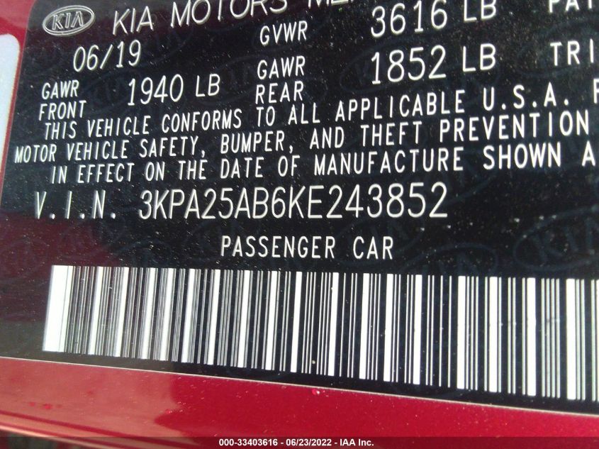 2019 KIA RIO 5-DOOR S 3KPA25AB6KE243852