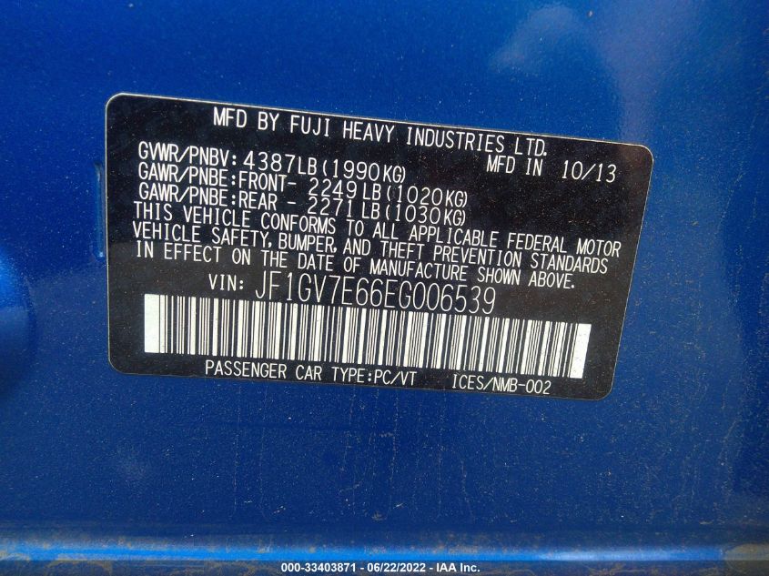 2014 SUBARU IMPREZA SEDAN WRX WRX JF1GV7E66EG006539