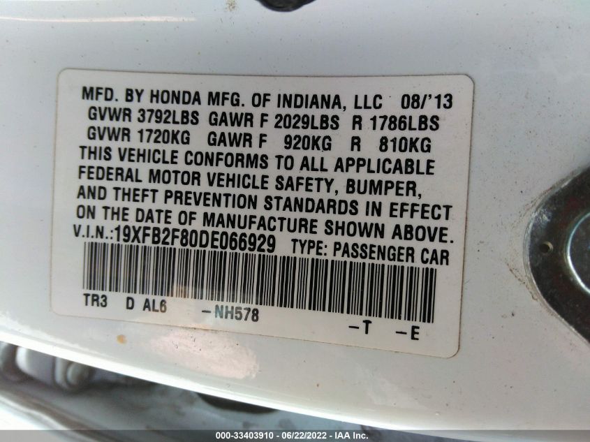 2013 HONDA CIVIC SDN EX 19XFB2F80DE066929