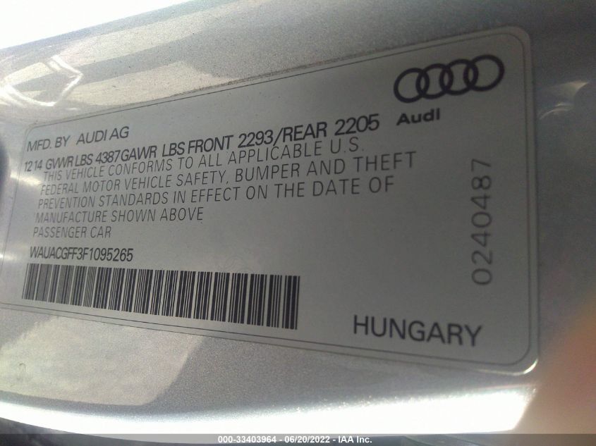 2015 AUDI A3 1.8T PREMIUM WAUACGFF3F1095265