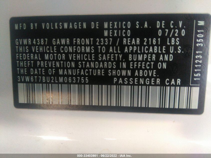 2020 VOLKSWAGEN JETTA GLI S/AUTOBAHN 3VW6T7BU2LM063755
