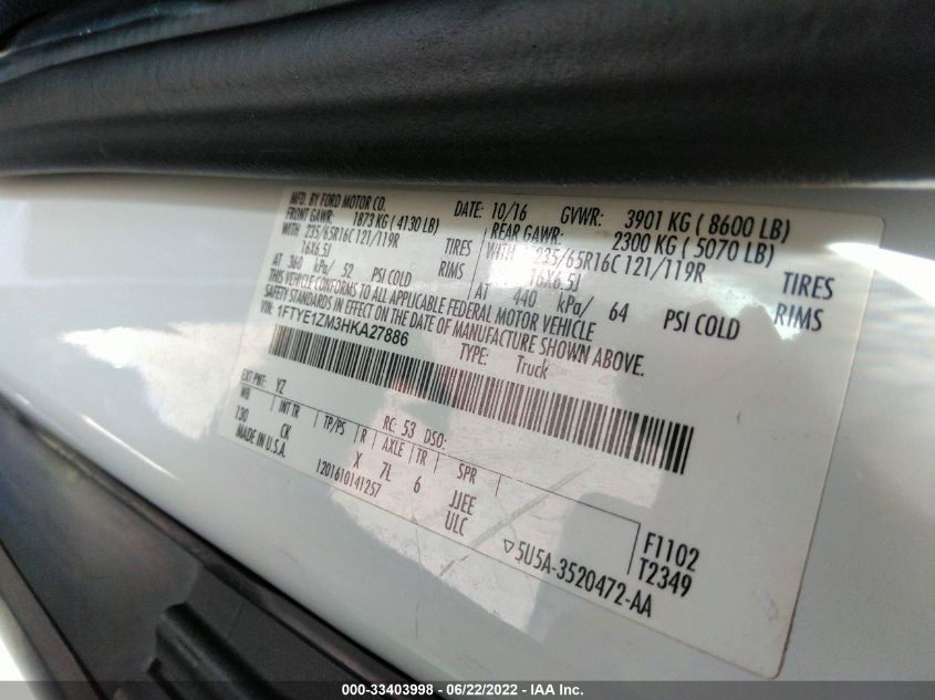 2017 FORD TRANSIT VAN 1FTYE1ZM3HKA27886