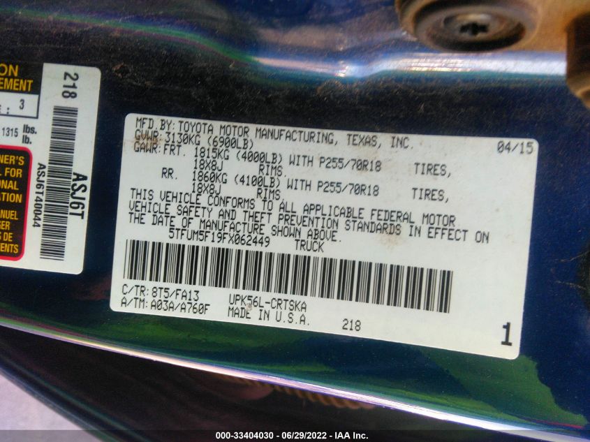 2015 TOYOTA TUNDRA 4WD TRUCK SR/SR5 5TFUM5F19FX062449