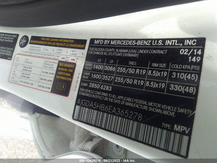 2014 MERCEDES-BENZ M-CLASS ML 350 4JGDA5HB6EA365278