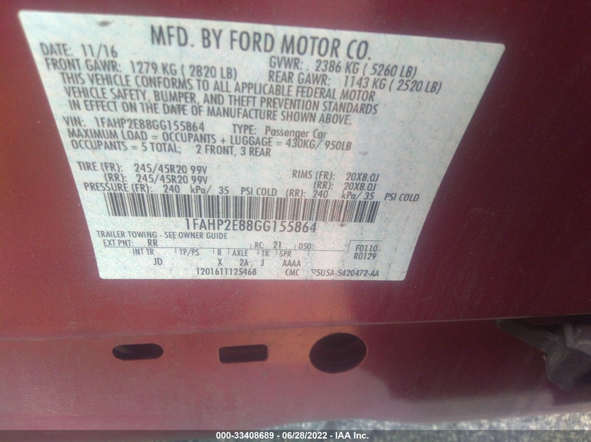 2016 FORD TAURUS SEL VIN: 1FAHP2E88GG155864