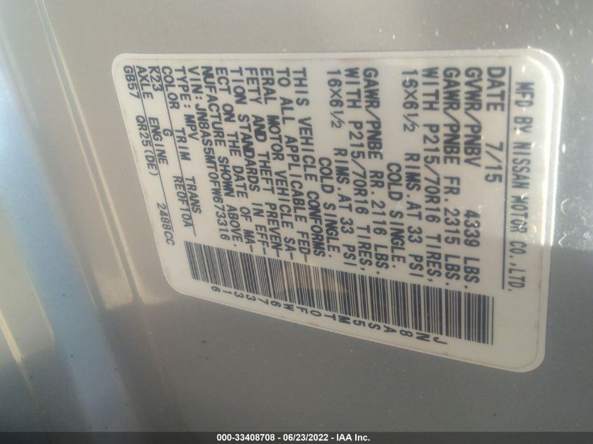 2015 NISSAN ROGUE SELECT S JN8AS5MT0FW673316