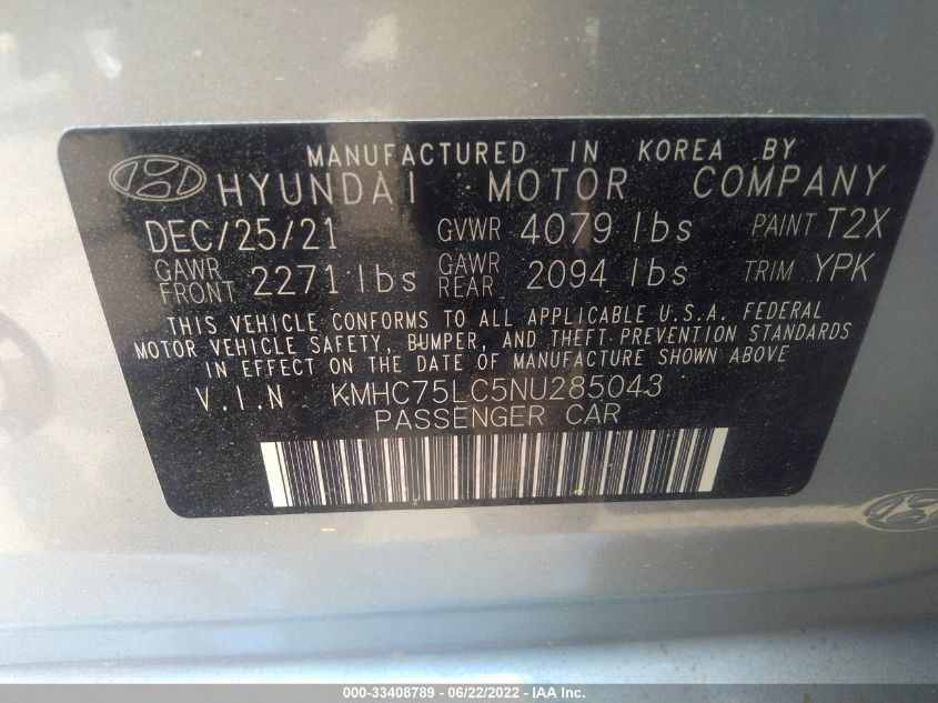2022 HYUNDAI IONIQ HYBRID SE KMHC75LC5NU285043