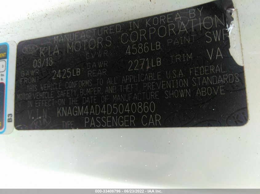 2013 KIA OPTIMA HYBRID LX KNAGM4AD4D5040860