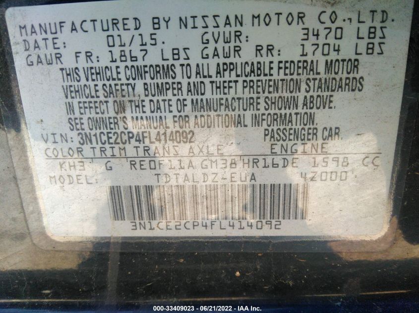2015 NISSAN VERSA NOTE SV 3N1CE2CP4FL414092
