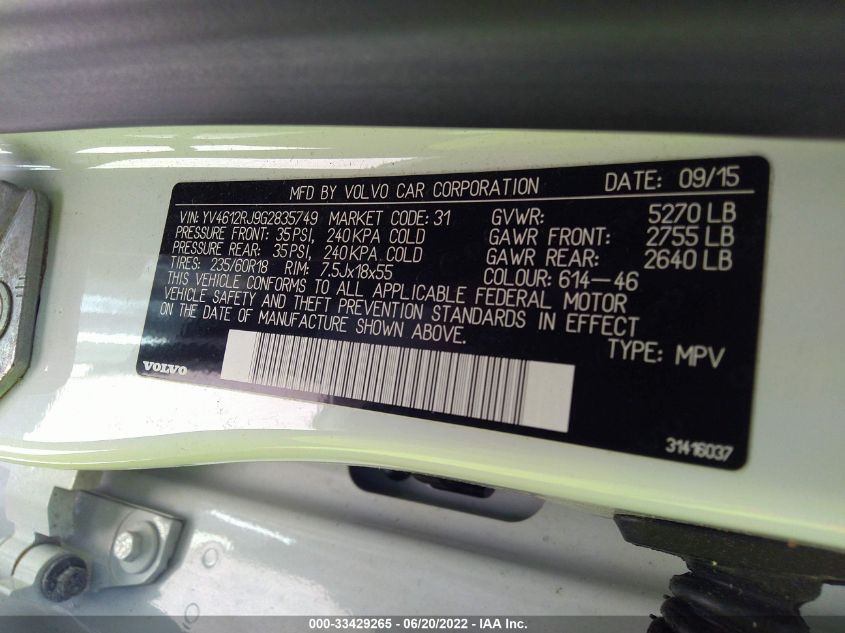 2016 VOLVO XC60 T5 YV4612RJ9G2835749
