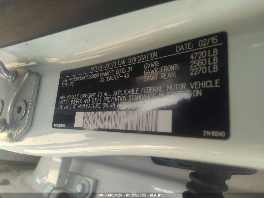 2015 VOLVO S60 PREMIER YV126MFK6F2360808
