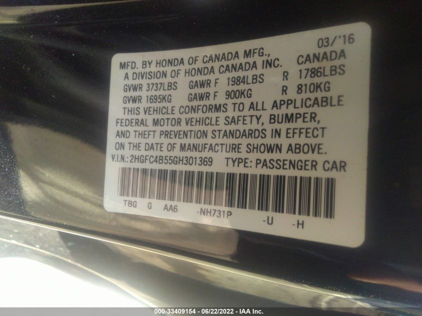 2016 HONDA CIVIC COUPE LX 2HGFC4B55GH301369