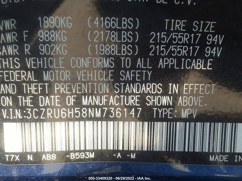 VIN 3CZRU6H58NM736147 2022 HONDA HR-V EX