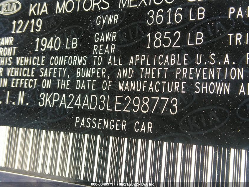 2020 KIA RIO S 3KPA24AD3LE298773