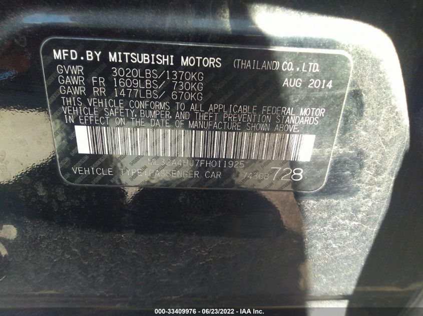 2015 MITSUBISHI MIRAGE ES/RF ML32A4HJ7FH011925