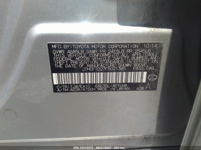 2015 LEXUS IS 250 JTHCF1D27F5021385