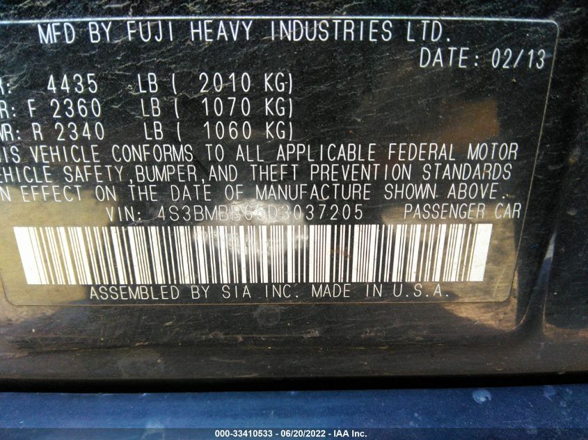 2013 SUBARU LEGACY 2.5I PREMIUM 4S3BMBB65D3037205