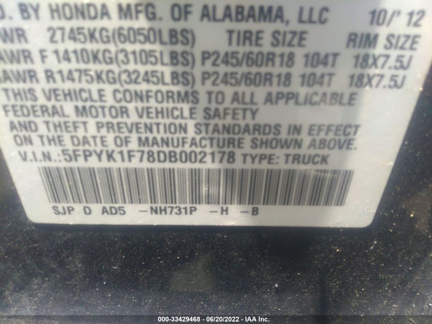 2013 HONDA RIDGELINE SPORT 5FPYK1F78DB002178