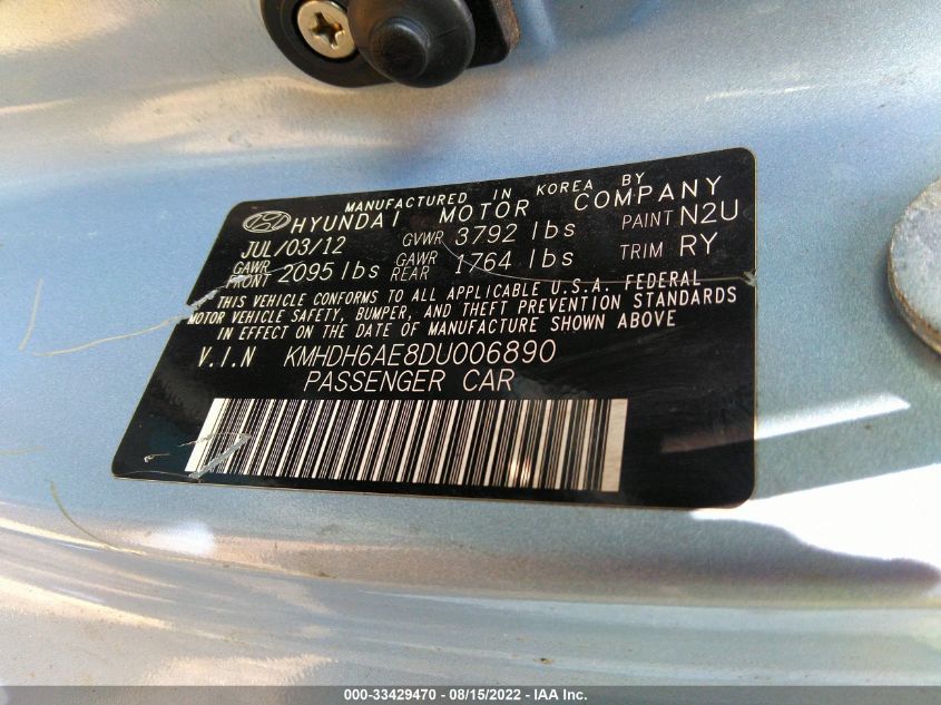 2013 HYUNDAI ELANTRA COUPE GS PZEV KMHDH6AE8DU006890