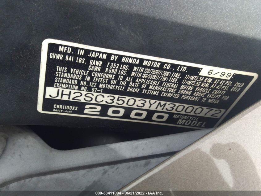 2000 HONDA CBR1100 XX JH2SC3503YM300072