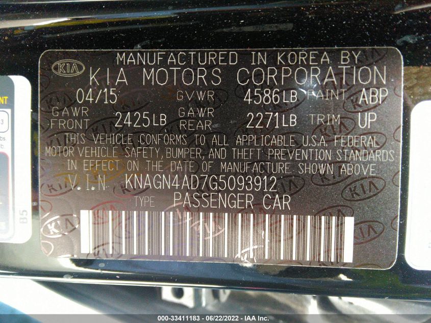 2016 KIA OPTIMA HYBRID HYBRID KNAGN4AD7G5093912