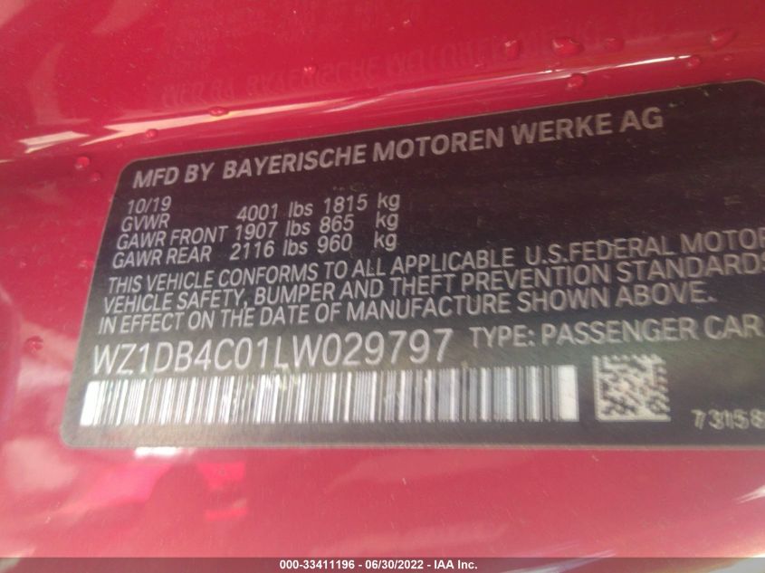 2020 TOYOTA GR SUPRA 3.0 WZ1DB4C01LW029797