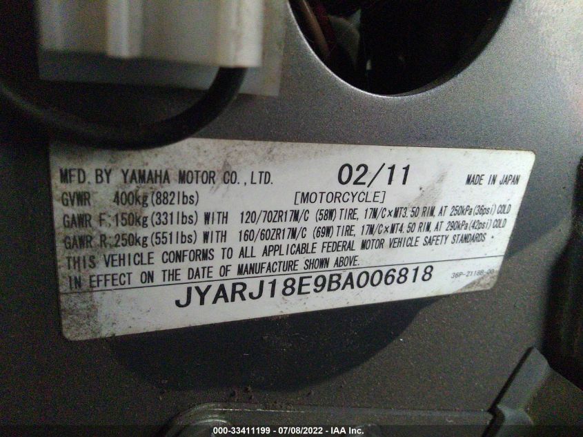2011 YAMAHA FZ6 R JYARJ18E9BA006818