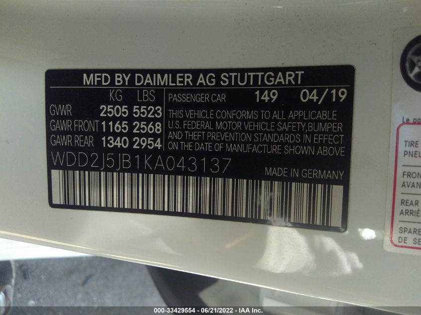 2019 MERCEDES-BENZ CLS CLS 450 WDD2J5JB1KA043137