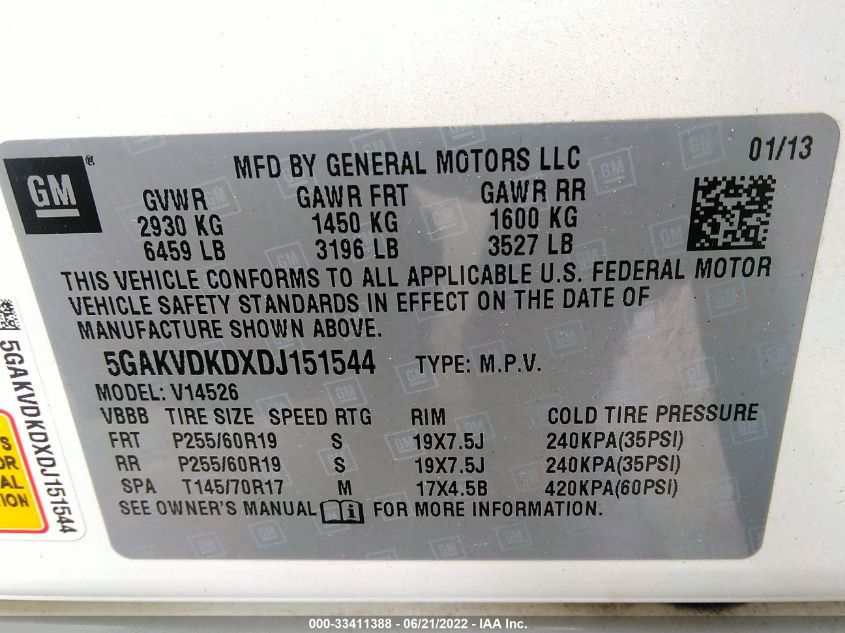 2013 BUICK ENCLAVE PREMIUM 5GAKVDKDXDJ151544