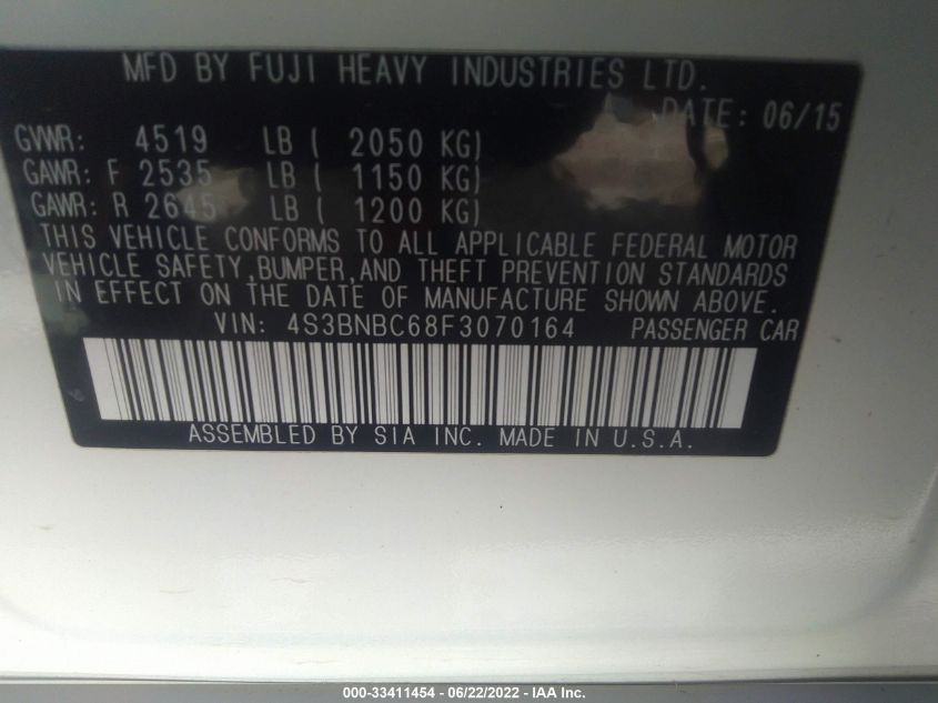 2015 SUBARU LEGACY 2.5I PREMIUM 4S3BNBC68F3070164