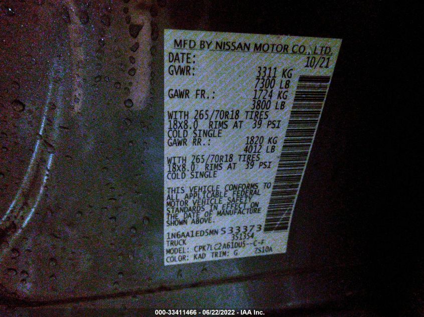 2021 NISSAN TITAN SV 1N6AA1ED5MN533373