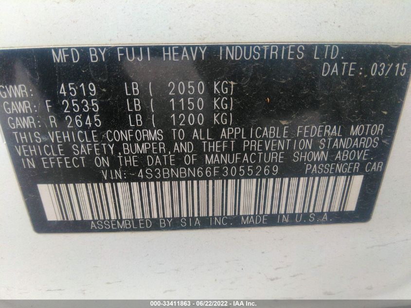 2015 SUBARU LEGACY 2.5I LIMITED 4S3BNBN66F3055269